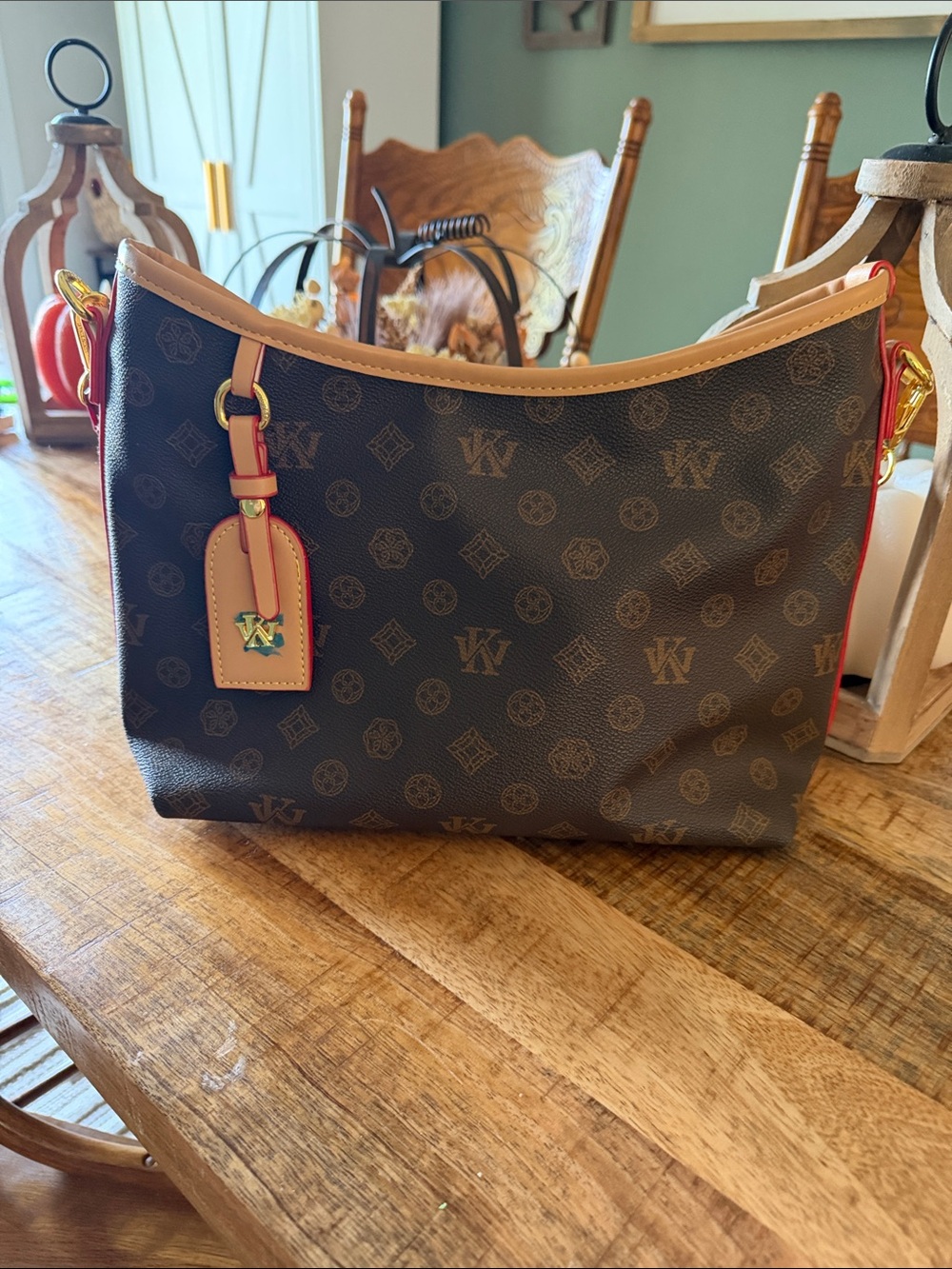 Women's Brown Patterned Shoulder Bag with Tan Trim